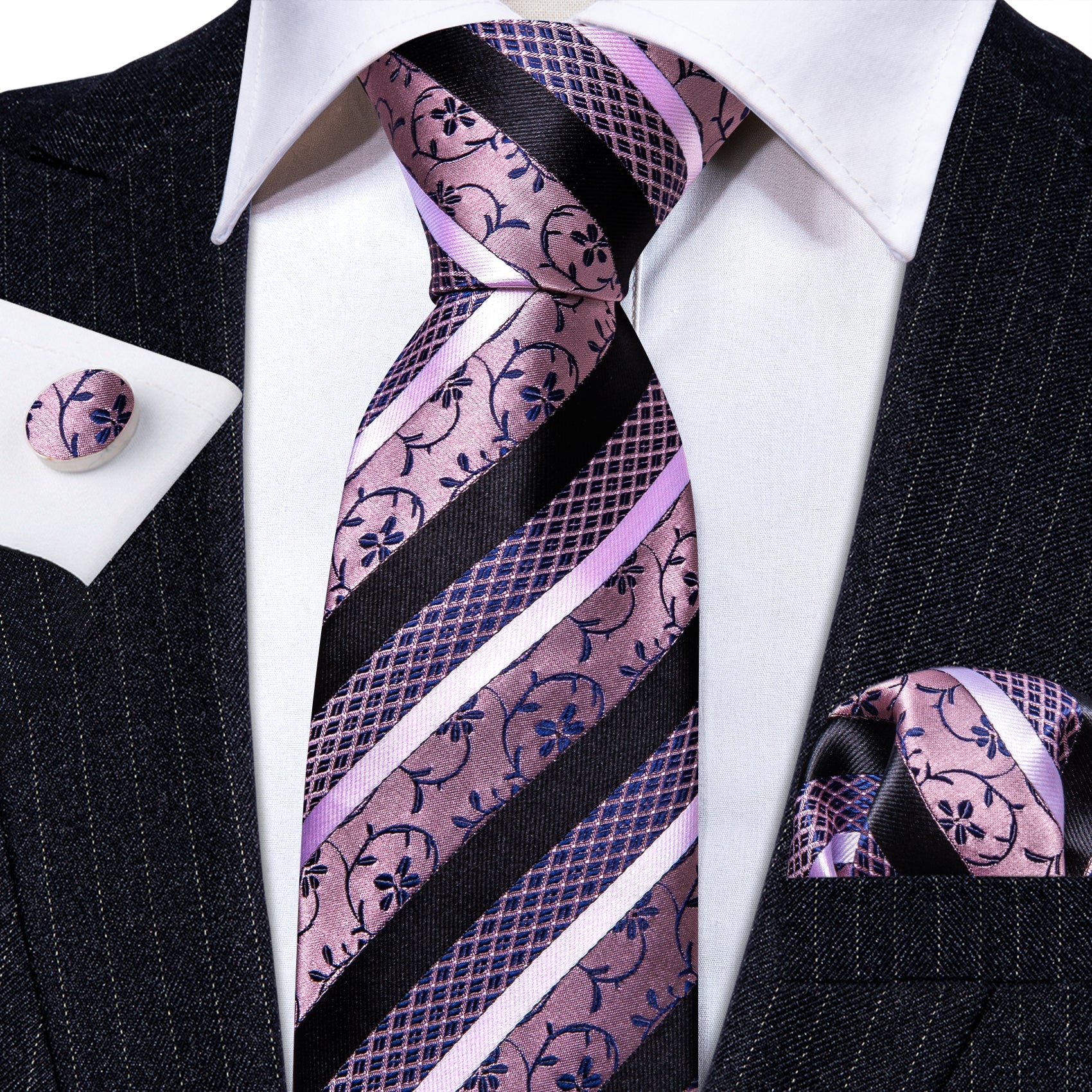 Pink, White and Black Striped Tie, Pocket Square and Cufflinks tie sets    - Sophisticated Gentlemen