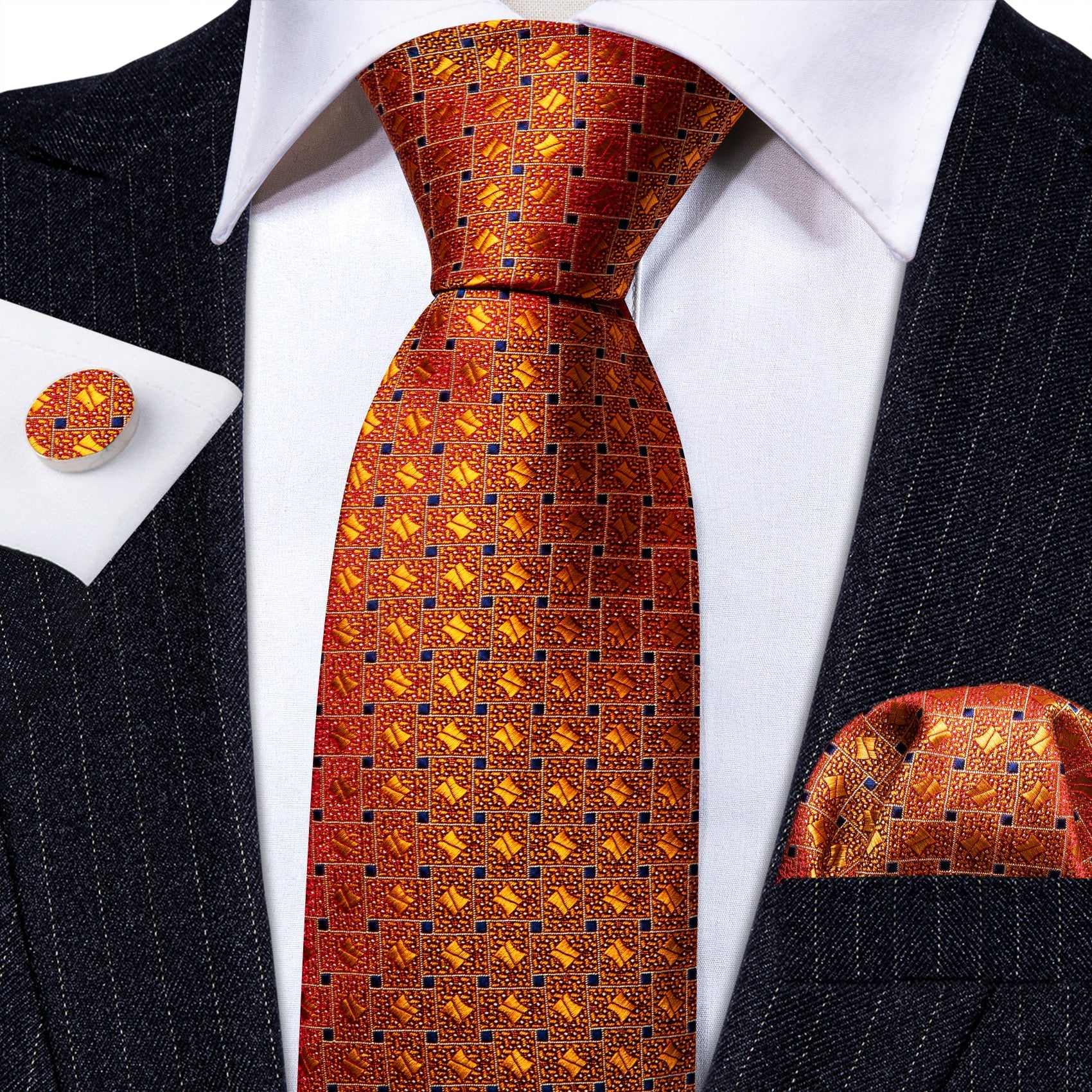 Orange Plaid Tie, Pocket Square and Cufflinks tie sets    - Sophisticated Gentlemen