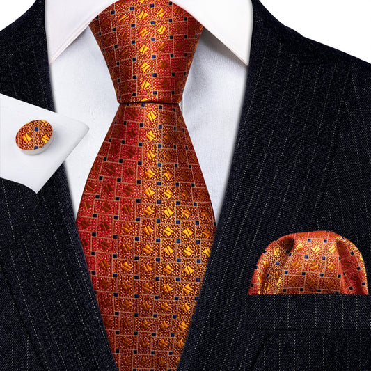 Orange Plaid Tie, Pocket Square and Cufflinks tie sets Default Title - Sophisticated Gentlemen