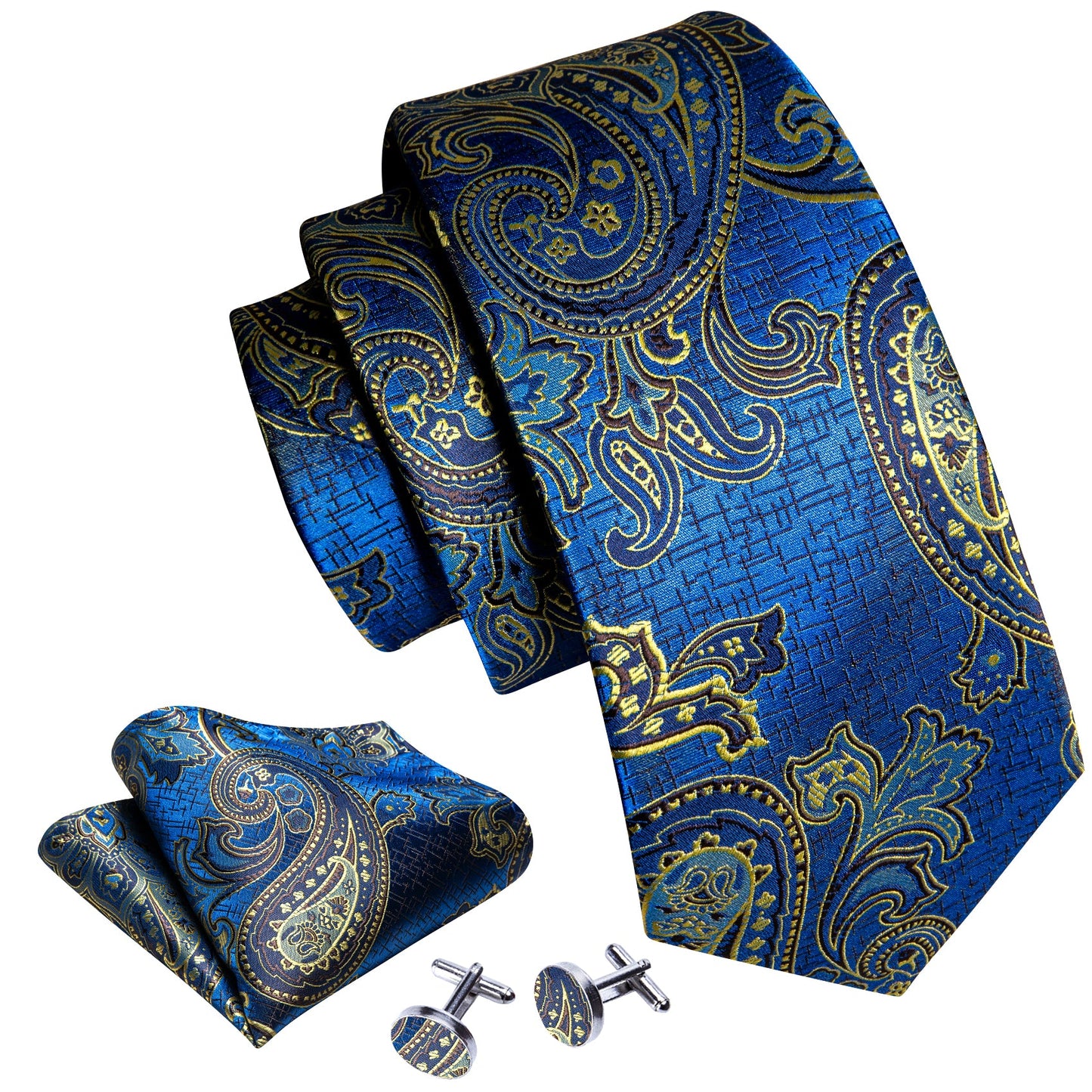 Blue and Champagne Paisley Tie, Pocket Square and Cufflinks tie sets    - Sophisticated Gentlemen