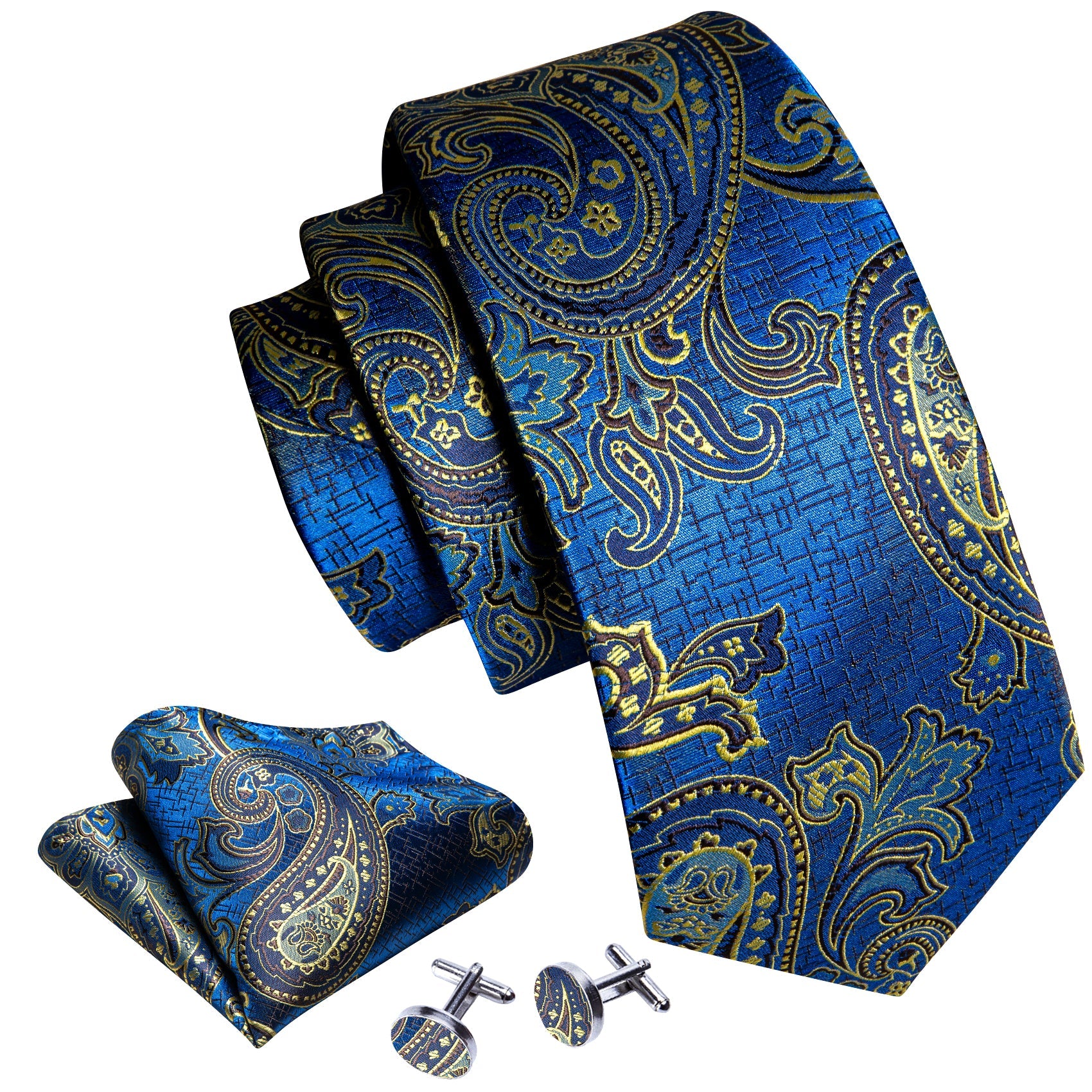 Blue and Champagne Paisley Tie, Pocket Square and Cufflinks tie sets    - Sophisticated Gentlemen