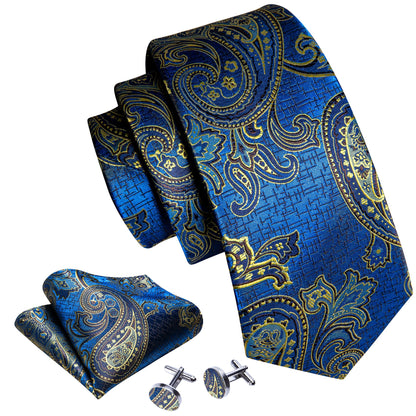 Blue and Champagne Paisley Tie, Pocket Square and Cufflinks tie sets    - Sophisticated Gentlemen