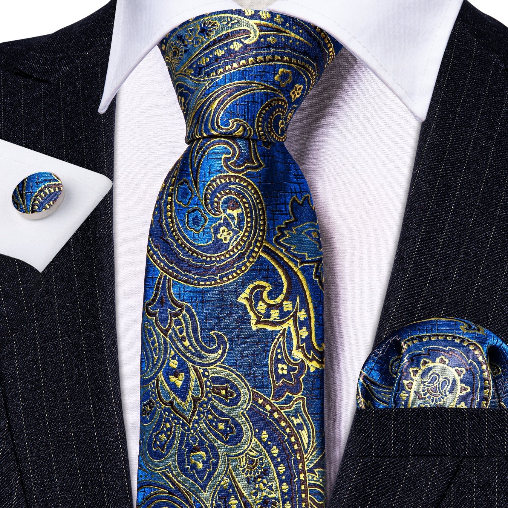 Blue and Champagne Paisley Tie, Pocket Square and Cufflinks tie sets    - Sophisticated Gentlemen