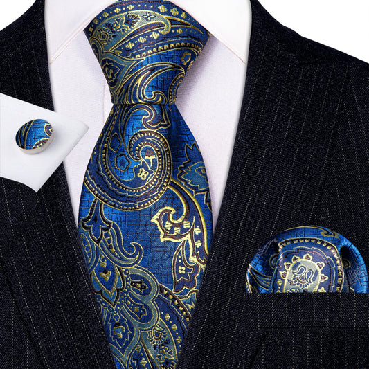 Blue and Champagne Paisley Tie, Pocket Square and Cufflinks tie sets Default Title - Sophisticated Gentlemen