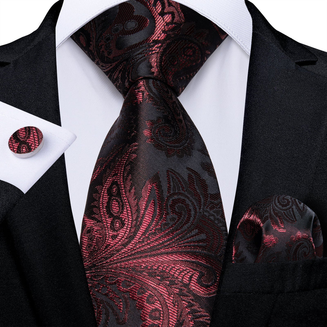 Red and Black Silk Tie, Pocket Square and Cufflinks tie sets - Sophisticated Gentlemen