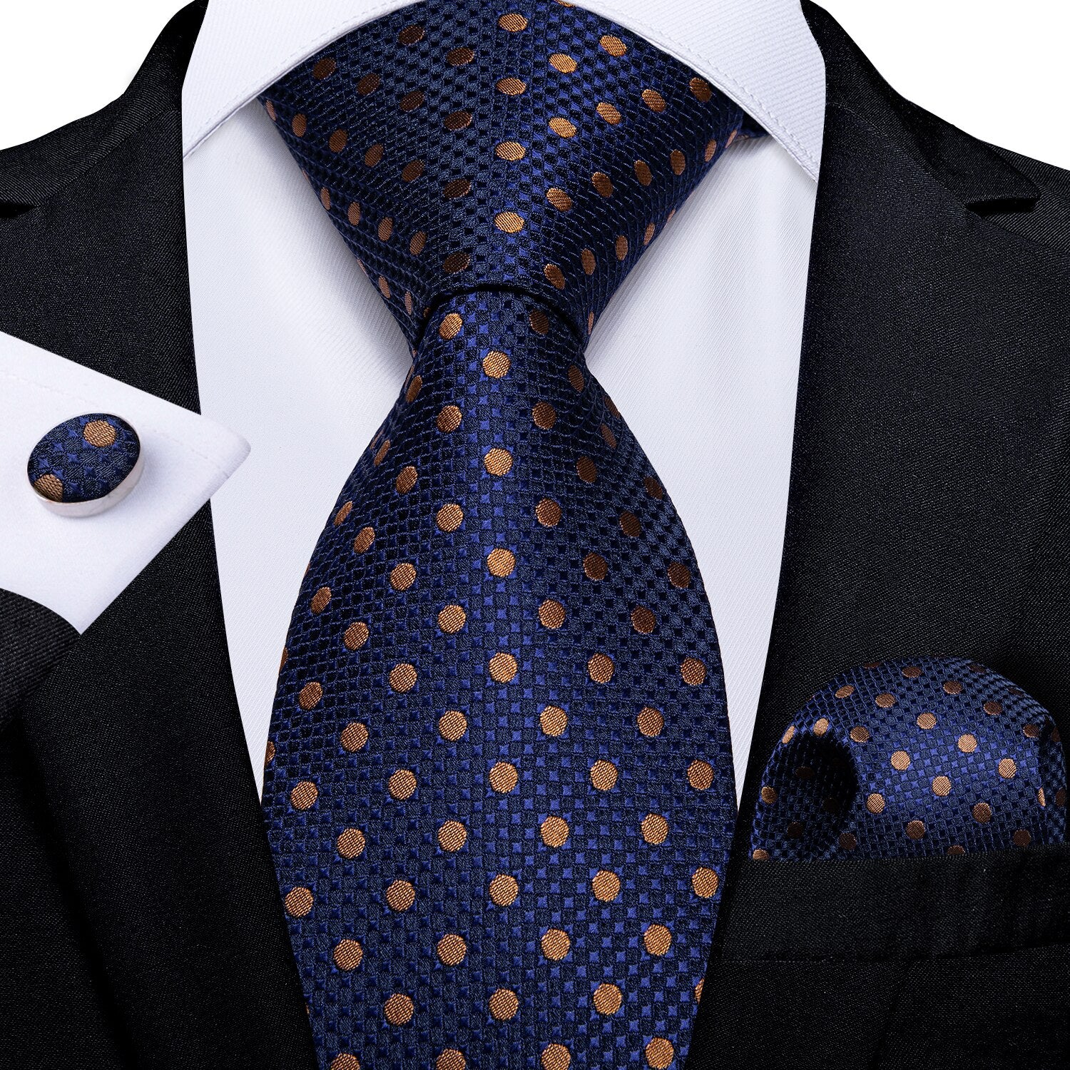 Blue and Gold Polka Dot Tie, Pocket Square and Cufflinks tie sets - Sophisticated Gentlemen