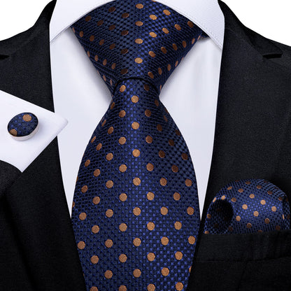 Blue and Gold Polka Dot Tie, Pocket Square and Cufflinks tie sets - Sophisticated Gentlemen