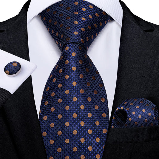 Blue and Gold Polka Dot Tie, Pocket Square and Cufflinks tie sets - Sophisticated Gentlemen