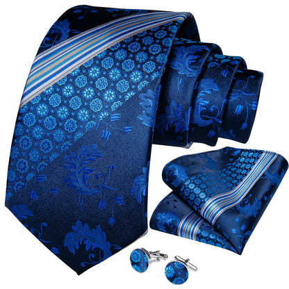 Blue Floral Striped Tie, Pocket Square and Cufflinks tie sets    - Sophisticated Gentlemen