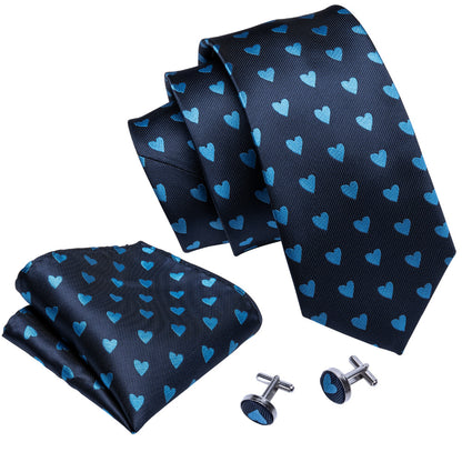 Blue Hearts Tie, Pocket Square and Cufflinks tie sets    - Sophisticated Gentlemen