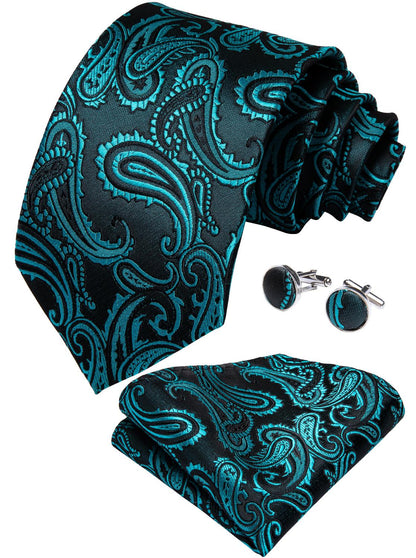 Electric Green Paisley Tie, Pocket Square and Cufflinks tie sets    - Sophisticated Gentlemen