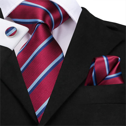 Red with Stripes Tie, Pocket Square and Cufflinks tie sets - Sophisticated Gentlemen