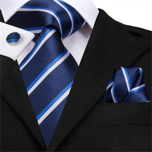 Blue with Stripes Tie, Pocket Square and Cufflinks tie sets - Sophisticated Gentlemen