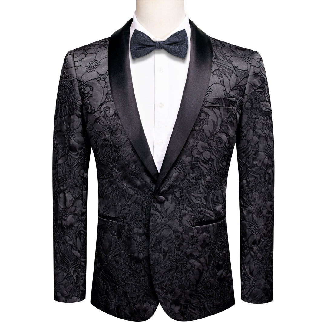 Black Embroidered Floral Tuxedo Jacket tuxedo S (38)   - Sophisticated Gentlemen