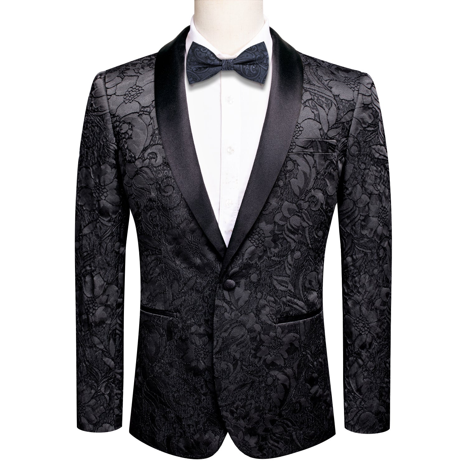 Black Embroidered Floral Tuxedo Jacket tuxedo S (38)   - Sophisticated Gentlemen