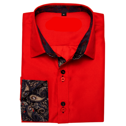 Red Silk Shirt with Black Paisley Accented Cuffs and Collar Shirt    - Sophisticated Gentlemen