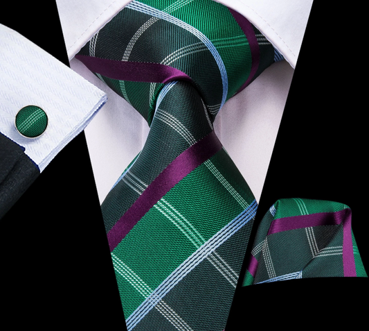 Different Green Paid Tie, Pocket Square and Cufflinks tie sets - Sophisticated Gentlemen