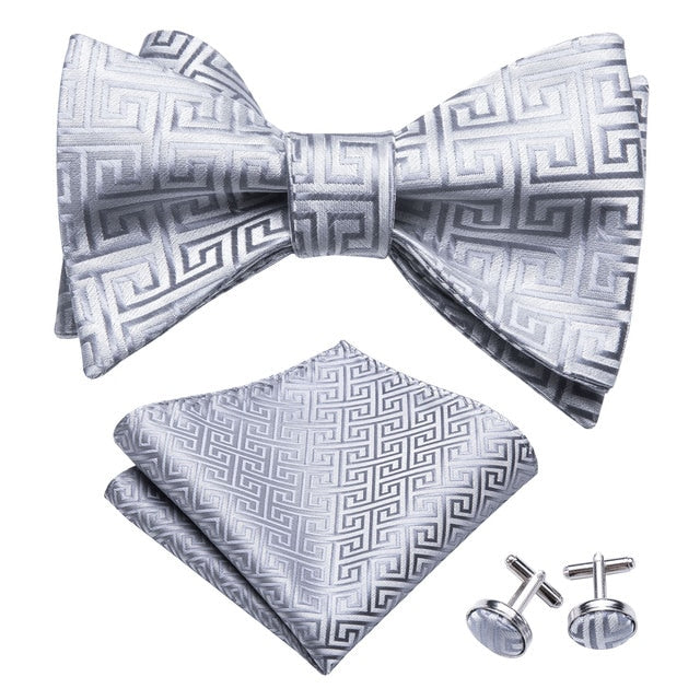 Bow Tie, Pocket Square and Cufflinks in Silver bow tie    - Sophisticated Gentlemen
