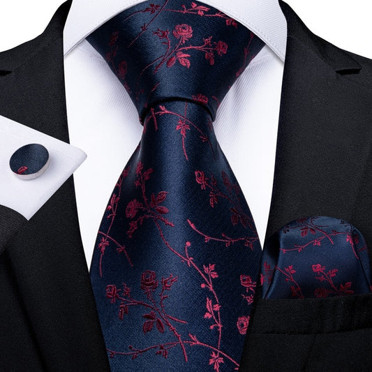 Navy Blue Floral Tie, Pocket Square and Cufflinks tie sets - Sophisticated Gentlemen
