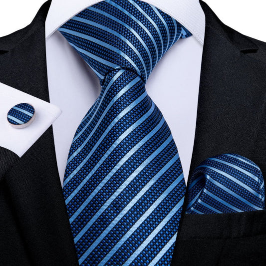 Premium Blue Striped Tie, Pocket Square and Cufflinks tie sets - Sophisticated Gentlemen