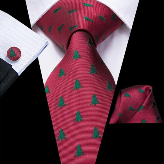 Christmas Trees On Cardinal Tie, Pocket Square and Cufflinks tie sets - Sophisticated Gentlemen